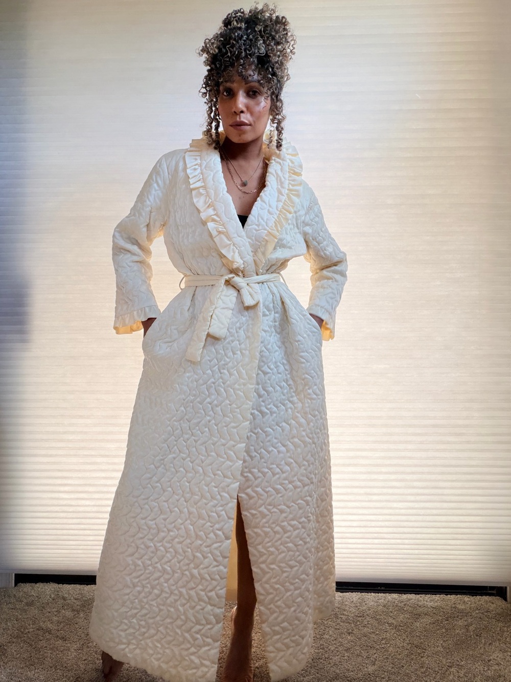 Vintage Ariel Ivory Quilted Opera Robe | Full-Length Ruffle Dressing Gown